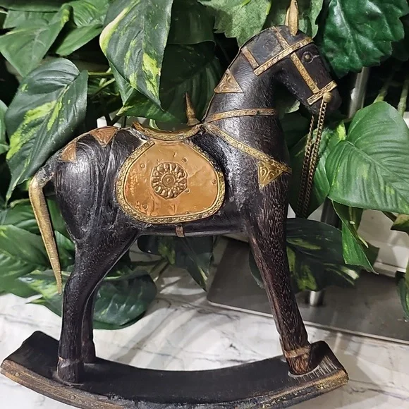 Vintage Carved Wooden Hammered Brass Rocking Horse Decor - Picture 8 of 12
